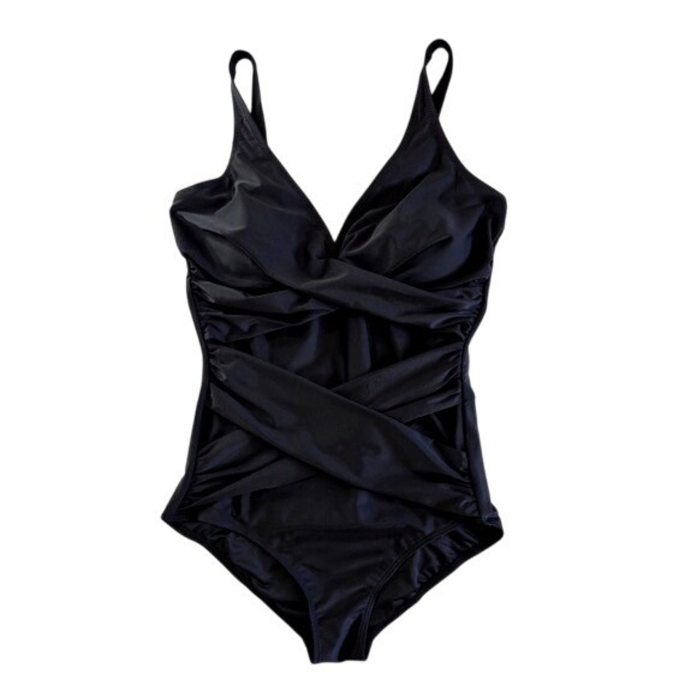 Smismivo Womens Black Ruched Tummy Control‎ One Piece Swimsuit Size Large